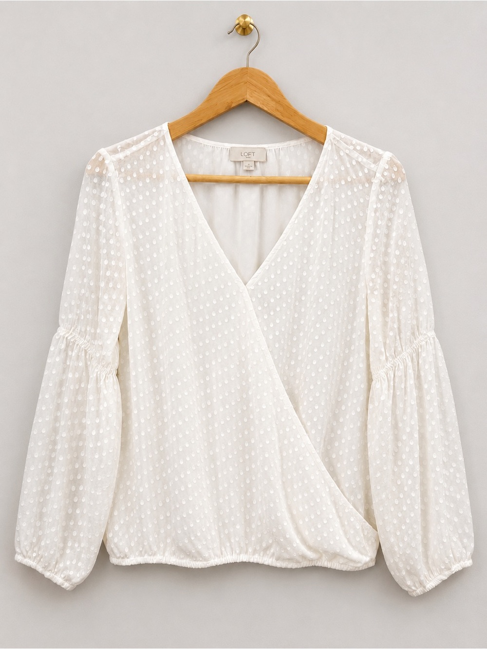 LOFT White Swiss Dot Wrap Blouse XS Long Sleeve V-Neck Balloon Sleeve Boho Top - Picture 1 of 10